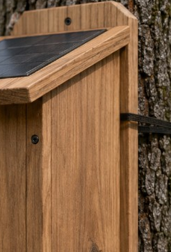 NestVue Smart Birdhouse mounted on a tree with integrated roof solar panel